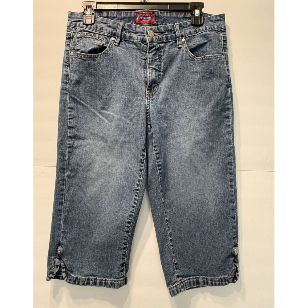 Westport Women's Capri Jeans Blue Denim Stretch Slim Mid Rise Studded 5-Pocket
